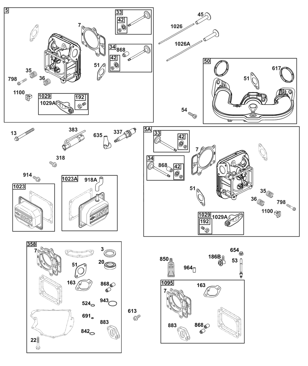Cylinder Head Group Diagram and Parts List for 44U877-0010-B5 400000 - 699999 Briggs and Stratton Engine